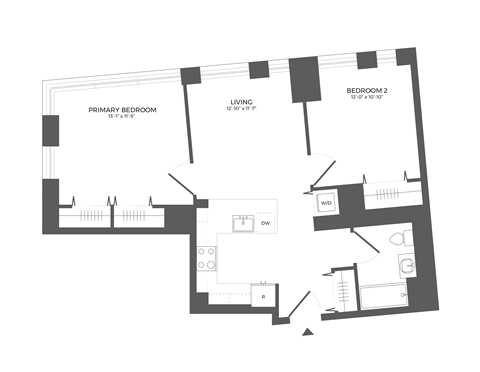 Floor plan for 2 beds, 1 bath, 857 sqft